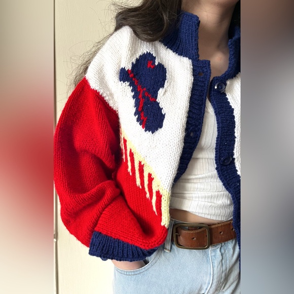‼️SOLD‼️ One Of A Kind Knit Handmade Western Cowboy Colour Block‎ Cardigan - Picture 3 of 14